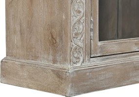 Vitrină sculptată manual din lemn masiv de mango, finisaj décapé alb, 2 uși vitrate, 3 rafturi, 120×44×210 cm, „Jaipur"