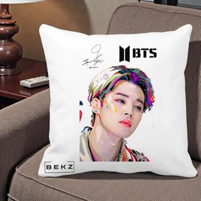 Perna Personalizata K-pop BTS Jimin Portret Artistic Multicolor cu Autograf, 40x40 cm, Alba Mata, Husa Detasabila, Perna Inclusa, BEKZ®