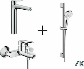 Set baterii Hansgrohe Logis E cu baterie lavoar inalta, baterie cada si set de dus cu bara crom