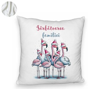 Perna Decorativa Fluffy cu tematica de Craciun, Flamingo si Text 2, 40x40 cm, Alba, Husa Detasabila, Burduf