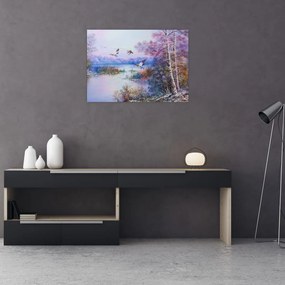Tablou pe sticlă - Sosirea toamnei, pictură în ulei (70x50 cm)