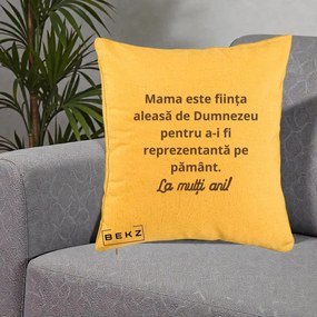 Cadou pentru Mama - Perna Personalizata Mama Este Fiinta Aleasa de Dumnezeu La Multi Ani, 40x40 cm, Galben, Husa Detasabila, Perna Inclusa, BEKZ®
