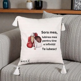 Cadou pentru Sora - Perna Personalizata Sora Mea Te Iubesc Doua Fete Iarna Acuarela, 40x40 cm, Bej cu Franjuri, Husa Detasabila, Perna Inclusa, BEKZ®