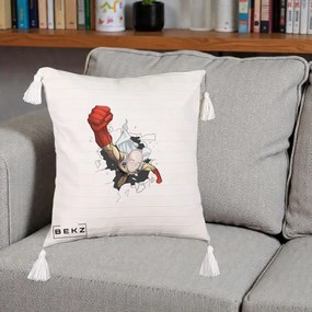 Perna Personalizata One Punch Man Saitama Pumn, 40x40 cm, Bej cu Franjuri, Husa Detasabila, Perna Inclusa, BEKZ®