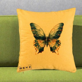 Perna Decorativa Fluture Albastru Auriu Elegant, 40x40 cm, Galben, Husa Detasabila, Perna Inclusa, BEKZ®