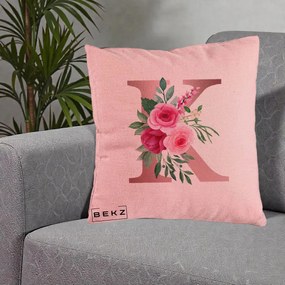 Cadou Personalizat - Perna Personalizata Monograma Rose Gold Litera K, 40x40 cm, Roz, Husa Detasabila, Perna Inclusa, BEKZ®