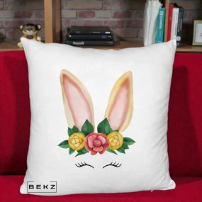 Perna Decorativa Iepuras Flori Urechi Pastelui, 40x40 cm, Alb Pufos, Husa Detasabila, Perna Inclusa, BEKZ®