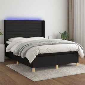 Pat cu arcuri, saltea si LED, negru, 140x190 cm, textil Negru, 140 x 190 cm, Benzi orizontale