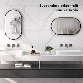 HOMCOM Oglindă Baie Ovală de Perete cu Ramă din Aluminiu, Verticală sau Orizontală, 40 x 70 cm, Negru | Aosom Romania