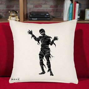 Perna Decorativa Mormii Infricosat Silueta Neagra Halloween, 40x40 cm, Crem Reliefat, Husa Detasabila, Perna Inclusa, BEKZ®