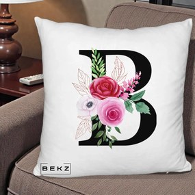Cadou Personalizat - Perna Personalizata Monograma Florala Litera B, 40x40 cm, Alb Pufos, Husa Detasabila, Perna Inclusa, BEKZ®