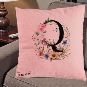 Cadou Personalizat - Perna Personalizata Monogram Litera Q cu Flori Acuarela, 40x40 cm, Roz, Husa Detasabila, Perna Inclusa, BEKZ®
