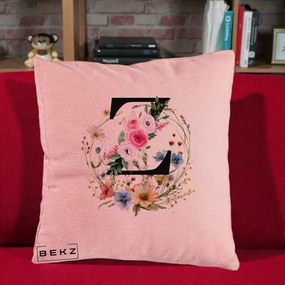 Cadou Personalizat - Perna Personalizata Monograma Florala Litera Z cu Coroana, 40x40 cm, Roz, Husa Detasabila, Perna Inclusa, BEKZ®