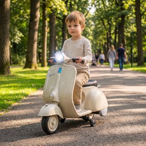 AIYAPLAY Motocicletă Electrică pentru Copii 3+ Ani, Licență VESPA, 6V, cu Roți Ajutătoare Detașabile, Max. 30 kg, Alb | Aosom Romania