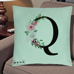 Cadou Personalizat - Perna Personalizata Monograma Florala Litera Q, 40x40 cm, Verde Menta, Husa Detasabila, Perna Inclusa, BEKZ®