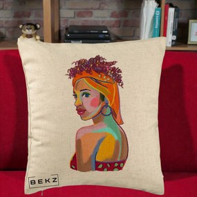 Perna Decorativa Portret Femeie Colorat Pop Art, 40x40 cm, Bej, Husa Detasabila, Perna Inclusa, BEKZ®