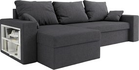 Canapea extensibila reversibila in forma de L NORIX 240x140 cm, gri inchis cu raft + 2 pernute GRATUIT