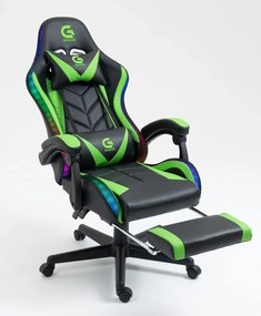 RESIGILAT- Scaun gaming, sistem iluminare bandă LED RGB, masaj în perna lombară, suport picioare, Negru/Verde