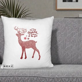 Perna Decorativa Ren de Craciun Glitter Rosu, 40x40 cm, Alb Pufos, Husa Detasabila, Perna Inclusa, BEKZ®