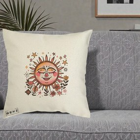 Perna Decorativa Soare Retro Boho Floral, 40x40 cm, Ecru, Husa Detasabila, Perna Inclusa, BEKZ®