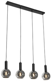 Lampă suspendată Art Deco neagră cu sticlă fumurie cu 4 lumini - Josje