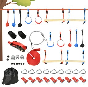 Outsunny Parcurs de obstacole ninja pentru copii, 30 accesorii și sac de transport, slackline 10 m, albastru/negru/roșu | Aosom Romania