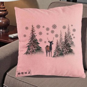 Perna Decorativa Ren in Padure Inzapezita, 40x40 cm, Roz, Husa Detasabila, Perna Inclusa, BEKZ®