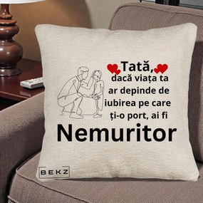 Cadou pentru Tata - Perna Personalizata Tata Nemuritor Baietel, 40x40 cm, Bej Canapea, Husa Detasabila, Perna Inclusa, BEKZ®