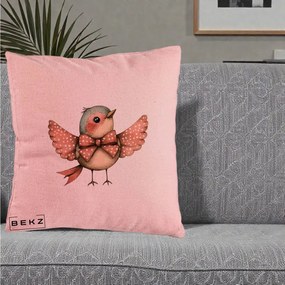 Perna Decorativa Pasare Roz cu Aripi si Fundita, 40x40 cm, Roz, Husa Detasabila, Perna Inclusa, BEKZ®
