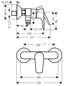 Baterie dus Hansgrohe, Talis E, montaj pe perete, bronz periat