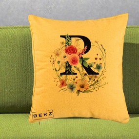 Cadou Personalizat - Perna Personalizata Monogram Litera R cu Flori Acuarela, 40x40 cm, Galben, Husa Detasabila, Perna Inclusa, BEKZ®