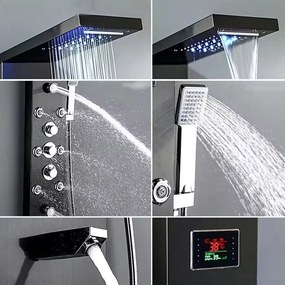 RESIGILAT- Panel de duș, afișaj digital, lumină LED, hidromasaj, cap de duș Ploaie, Cascadă, duș de mână, hidromasaj, negru, SS07