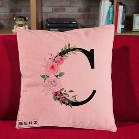 Cadou Personalizat - Perna Personalizata Monograma Florala Litera C, 40x40 cm, Roz, Husa Detasabila, Perna Inclusa, BEKZ®
