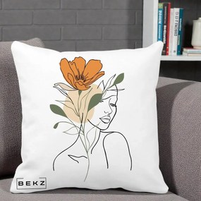 Perna Decorativa Portret Feminin Floare Portocalie, 40x40 cm, Alba Mata, Husa Detasabila, Perna Inclusa, BEKZ®