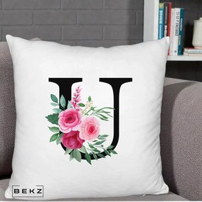 Cadou Personalizat - Perna Personalizata Monograma Florala Litera U, 40x40 cm, Alb Pufos, Husa Detasabila, Perna Inclusa, BEKZ®