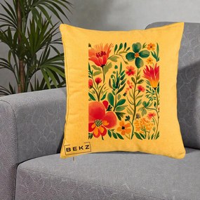 Perna Decorativa Gradina Florala Acuarela Colorata, 40x40 cm, Galben, Husa Detasabila, Perna Inclusa, BEKZ®