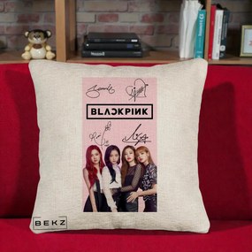 Perna Personalizata K-pop BLACKPINK Semnaturi si Foto, 40x40 cm, Bej Canapea, Husa Detasabila, Perna Inclusa, BEKZ®