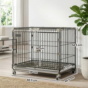 PawHut Cușcă pliabilă pentru câini, Tavă detașabilă, Roți cu frâne, Acoperiș rabatabil, Ușă pentru hrănire, 60,5x45,5x54,5cm, Negru | Aosom Romania