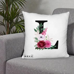 Cadou Personalizat - Perna Personalizata Monograma Florala Litera L, 40x40 cm, Alb Pufos, Husa Detasabila, Perna Inclusa, BEKZ®