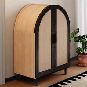 Dulap pentru pantofi cu exterior rotunjit, uși din ratan decupate și 3 rafturi, 70x40x100 cm, Culoare naturală+Negru