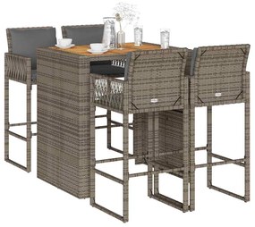 vidaXL Set mobilier bar de grădină, cu perne, 5 piese, gri, poliratan