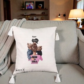 Cadou pentru Mama - Perna Personalizata Super Mama Mom of Girls, 40x40 cm, Bej cu Franjuri, Husa Detasabila, Perna Inclusa, BEKZ®