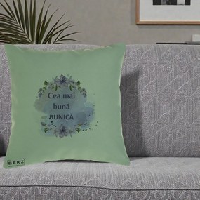 Cadou pentru Bunica - Perna Personalizata Cea Mai Buna Bunica Flori Mov Acuarela Negru, 40x40 cm, Verde, Husa Detasabila, Perna Inclusa, BEKZ®
