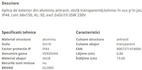 Aplica exterior ambientala moderna lumina sus / jos IP44 VERONIKA