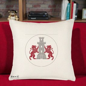 Perna Personalizata Cetatea Turnu Magurele Heraldic, 40x40 cm, Crem Reliefat, Husa Detasabila, Perna Inclusa, BEKZ®