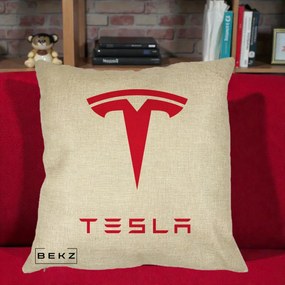 Perna Personalizata cu emblema Tesla, 40x40 cm, Crem, Husa Detasabila, Perna Inclusa, BEKZ®