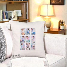 Perna Personalizata K-pop BTS Colaj 9 Fotografii Autografe Individual, 40x40 cm, Bej cu Franjuri, Husa Detasabila, Perna Inclusa, BEKZ®