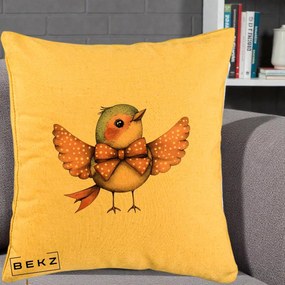 Perna Decorativa Pasare Roz cu Aripi si Fundita, 40x40 cm, Galben, Husa Detasabila, Perna Inclusa, BEKZ®