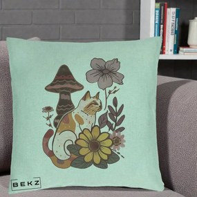 Perna Decorativa Pisica Vintage Florala Boho, 40x40 cm, Verde Menta, Husa Detasabila, Perna Inclusa, BEKZ®