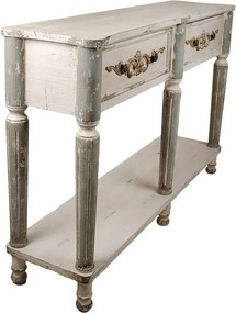 Consolă hol shabby chic din lemn, alb, cu 2 sertare, raft, picioare gri canelate și ornamente sculptate, 92 x 141 x 36 cm, „Marguerite”